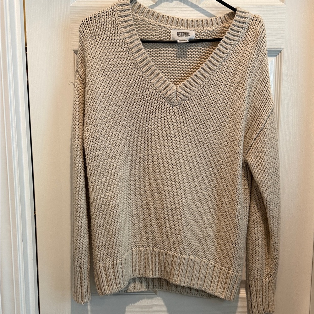 Beige V-Neck Knit Sweater